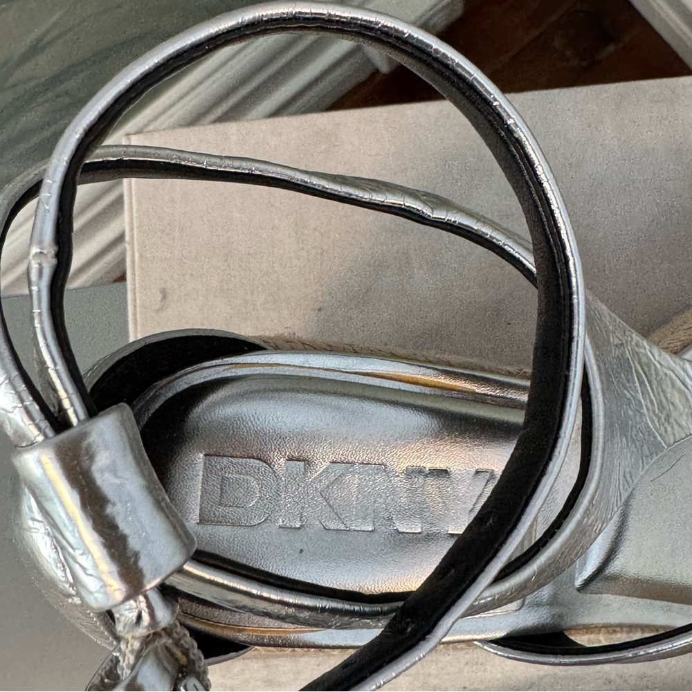 DKNY Metallic Silver Espadrille Wedge Sandals, size 6, NWOT - Picture 7 of 10